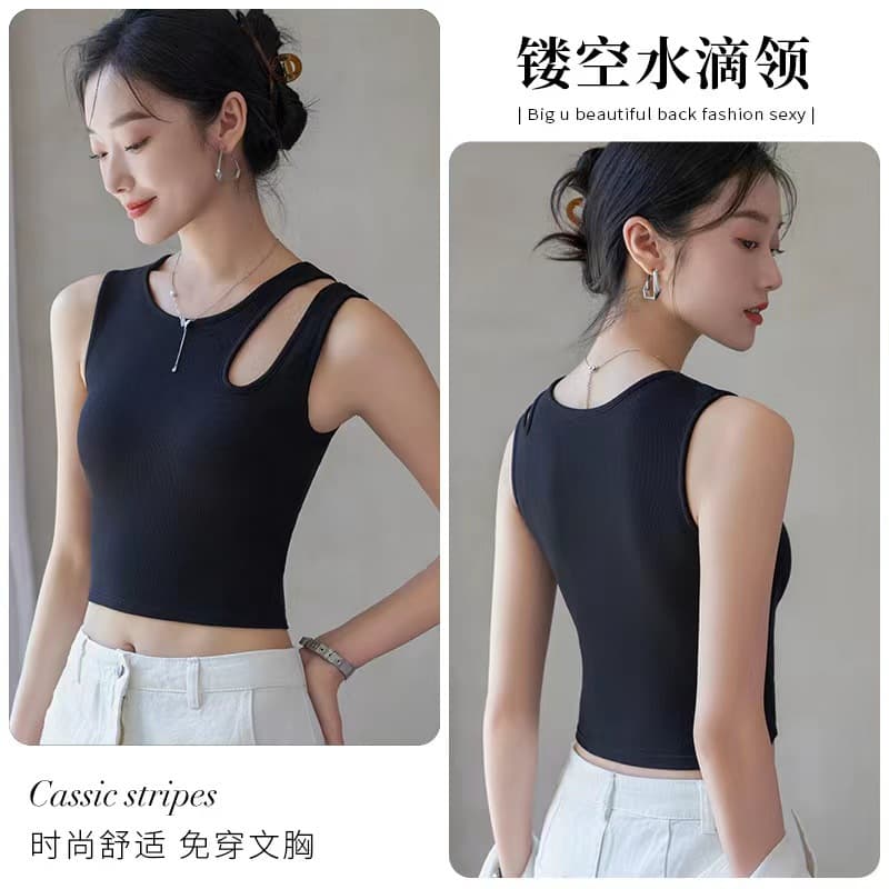 Women's Camisole with Built-in Pads, Black, Summer Outerwear Bra, Integrated Bodysuit, Crop Top, Inner Layering