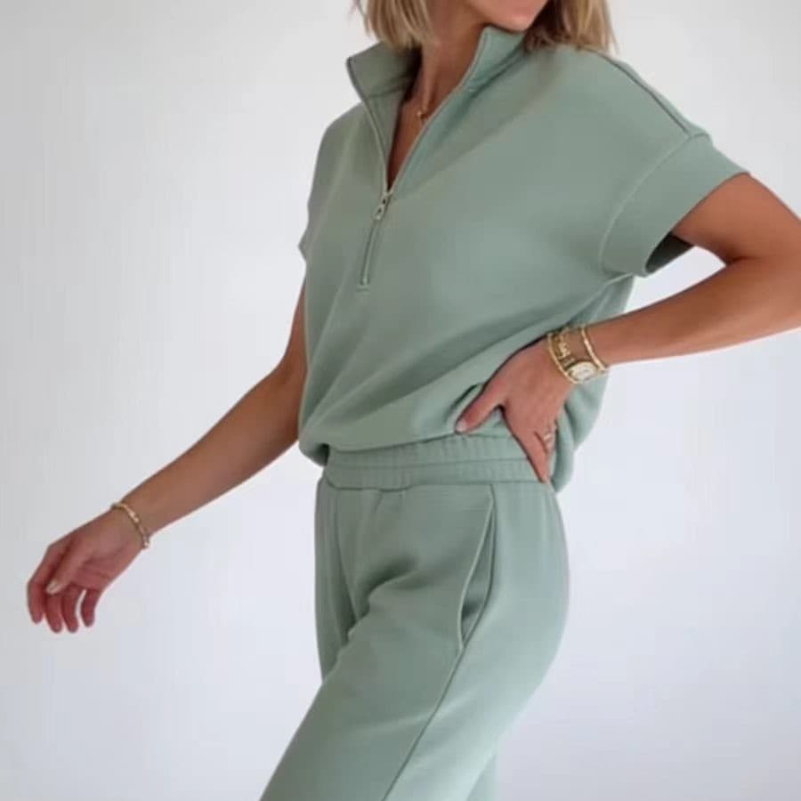 2026 New European and American Style Solid Color Casual Set Women Short Sleeve Long Pants Fashion Sports Two-Piece Cross-Border Bestseller