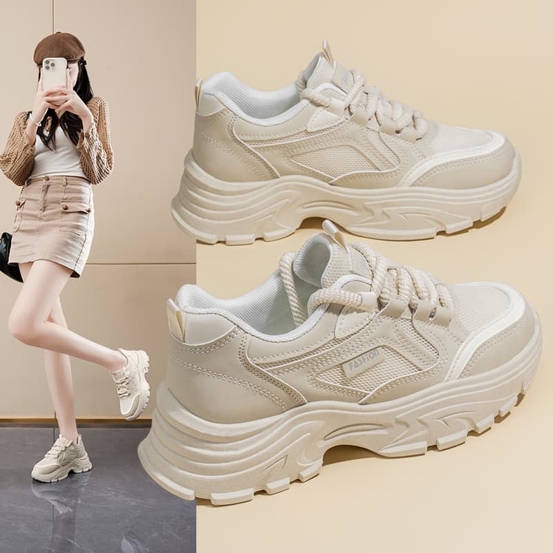 2025 Spring Women's New Breathable Mesh Shoes Korean Style Versatile Thick Sole Casual Sneakers Dad Shoes