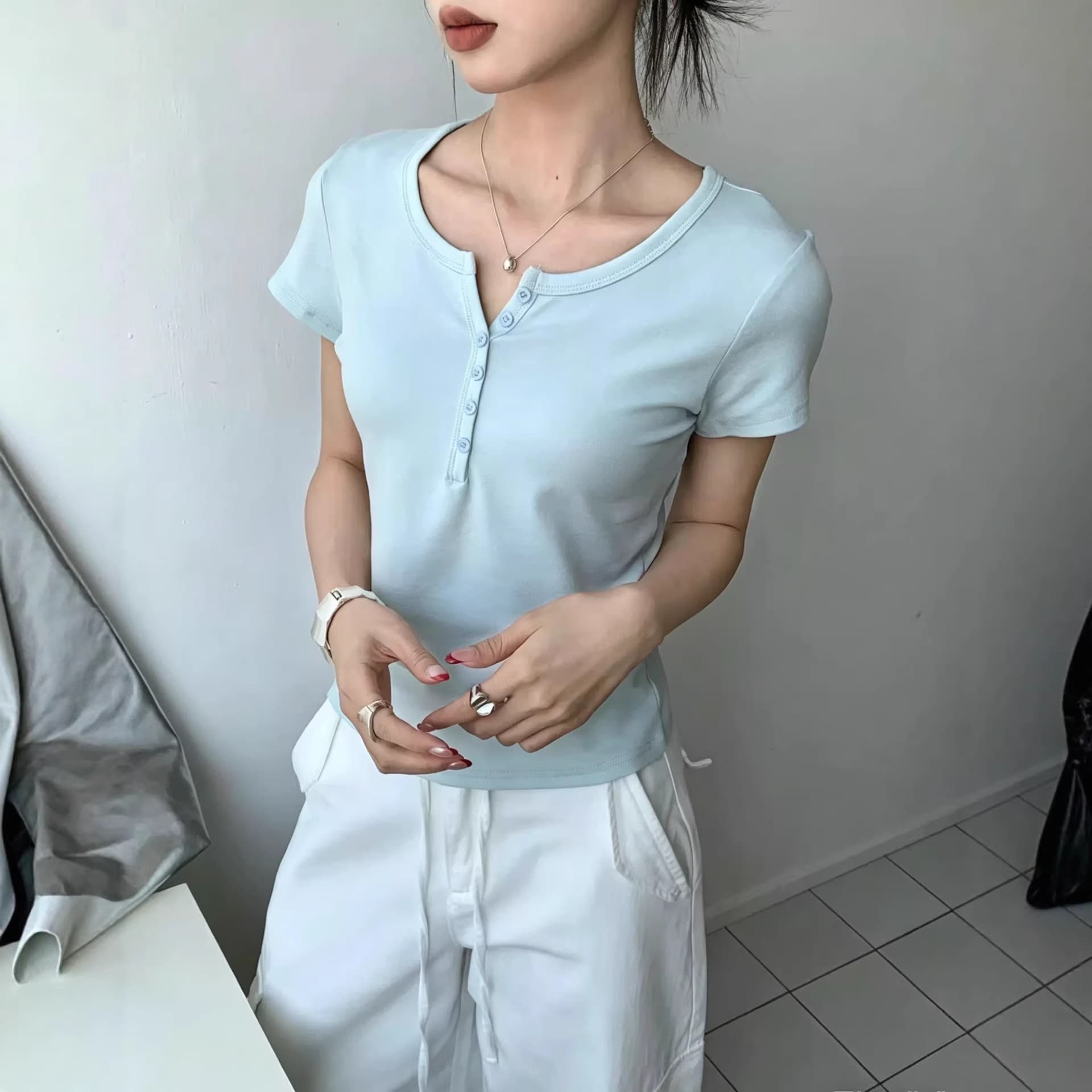 Antinglu Summer New Korean Style Casual Fashion Age-Reducing Solid Color Half-Button Slim Fit Short-Sleeve T-Shirt for Women