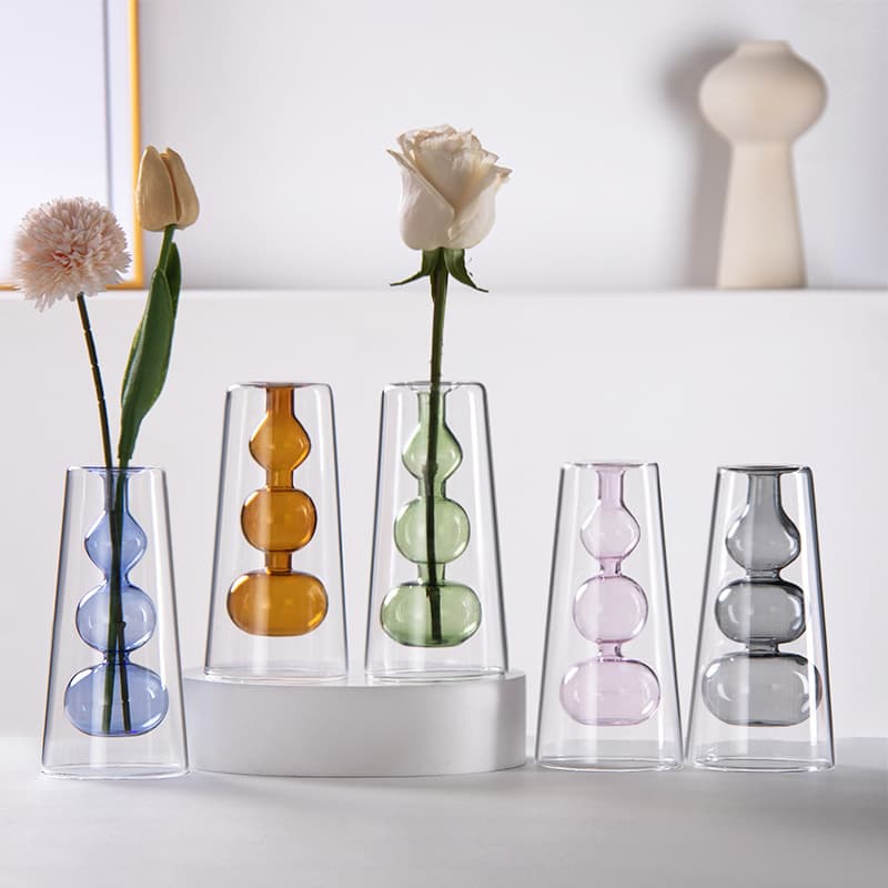 Nordic Ins Transparent Glass Double-Layer Colored Glass Vase Creative Hydroponic Flower Vase Living Room Home Decorative Ornament