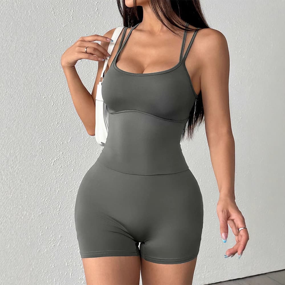 Sexy Fitness Jumpsuit Shorts Yoga Strap Naked Sensation Tight Fit Pure Color Gym Onesie Cross-Border Sports Wear for Women