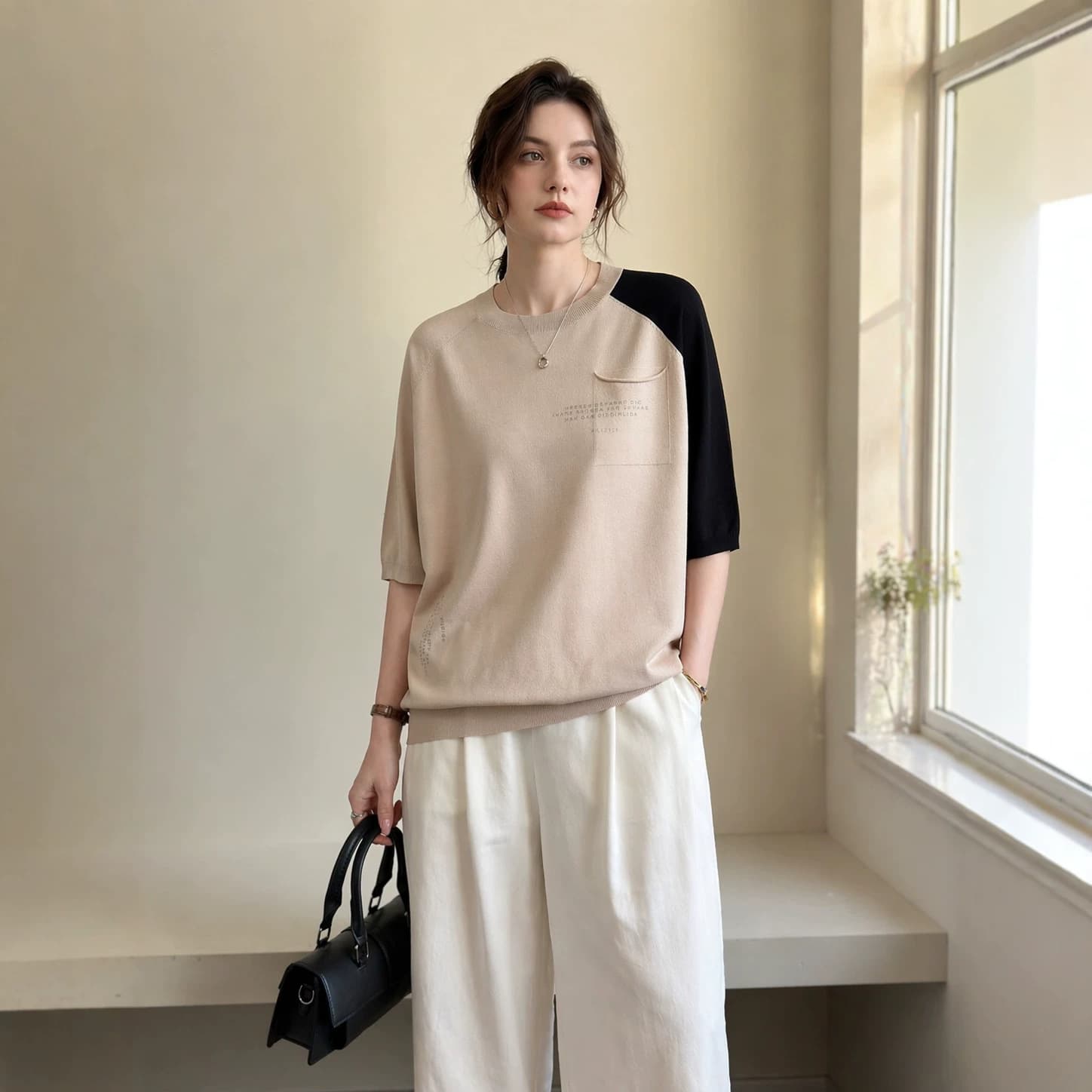 This Year's Popular Women's Round Neck Printed Stylish Knit Top, Summer Thin Short Sleeve Blouse