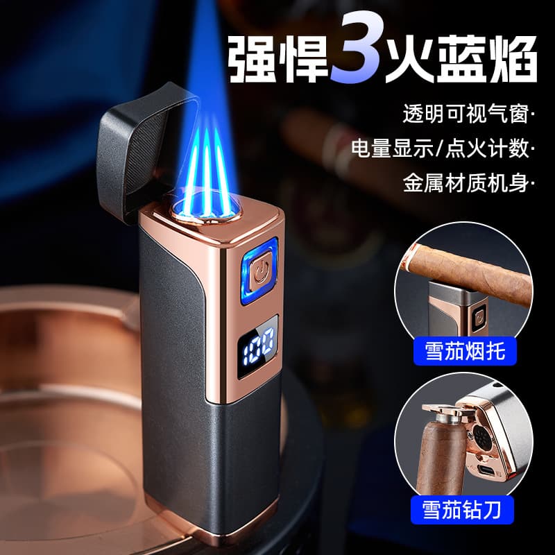 TH-625 Triple Flame Jet Cigar Lighter with Folding Drill Cutter, High-Temperature Resistant Ceramic Nozzle, Cool Lighting Effects, Gift Box Packaging