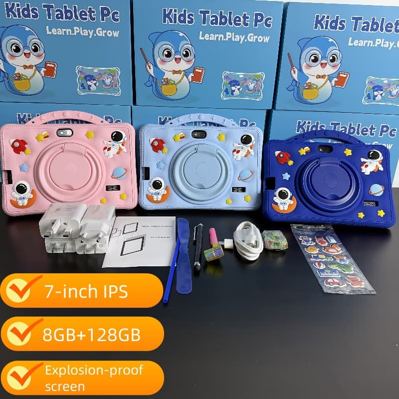 Cross-border Foreign Trade Hot-Selling 7-inch Kids Tablet with Anti-fall Cartoon Design, Portable with Built-in Learning Content