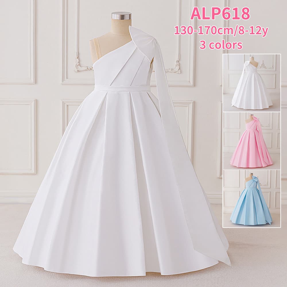 2025 Children's Formal Dress Flower Girl Wedding Satin Dress Big Bow Little Girl Princess Dress Runway Evening Gown
