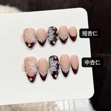 Gentle Elegance Wine Diamond Floral French Carved Almond Nails Handmade Wearable Nails Whitening High-End Feel