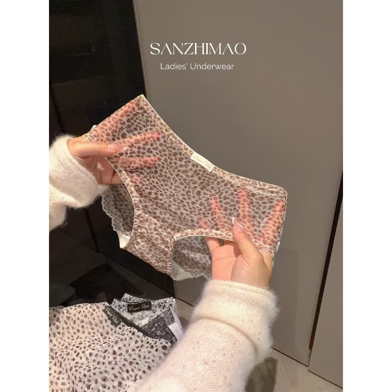 SZM' Soft and Smooth Mesh Leopard Print Sexy Women's Triangle Panties with Lace Hollow-Out Transparent Comfortable and Lightweight Floral Print for Spring and Summer