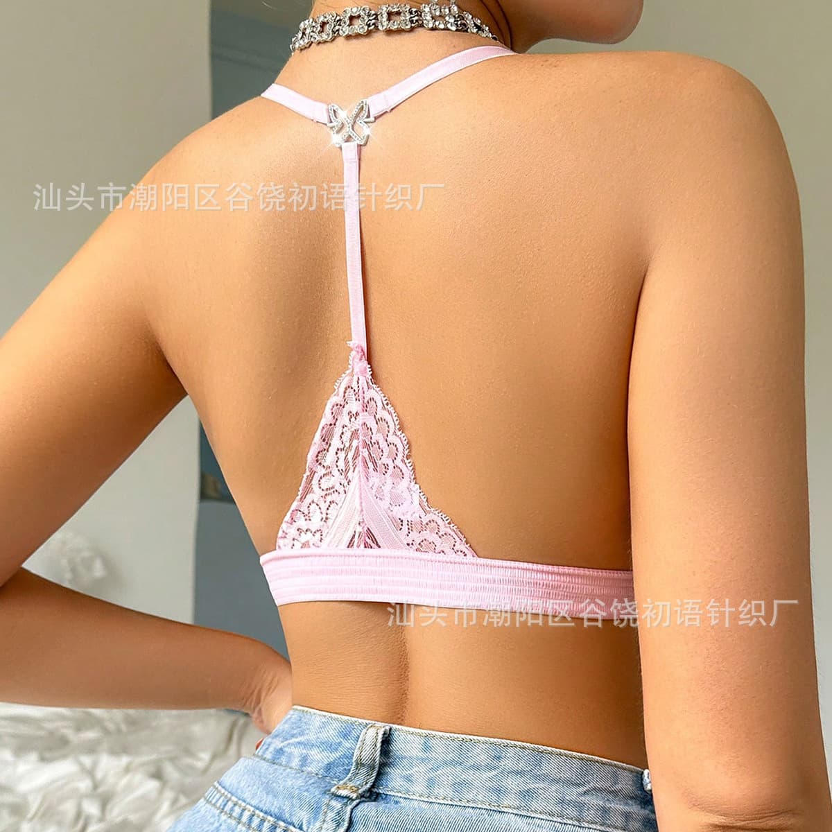 French Lingerie Women's Thin Lace Triangle Cup Non-Wired Bra with Padded Inserts Anti-Show Bra