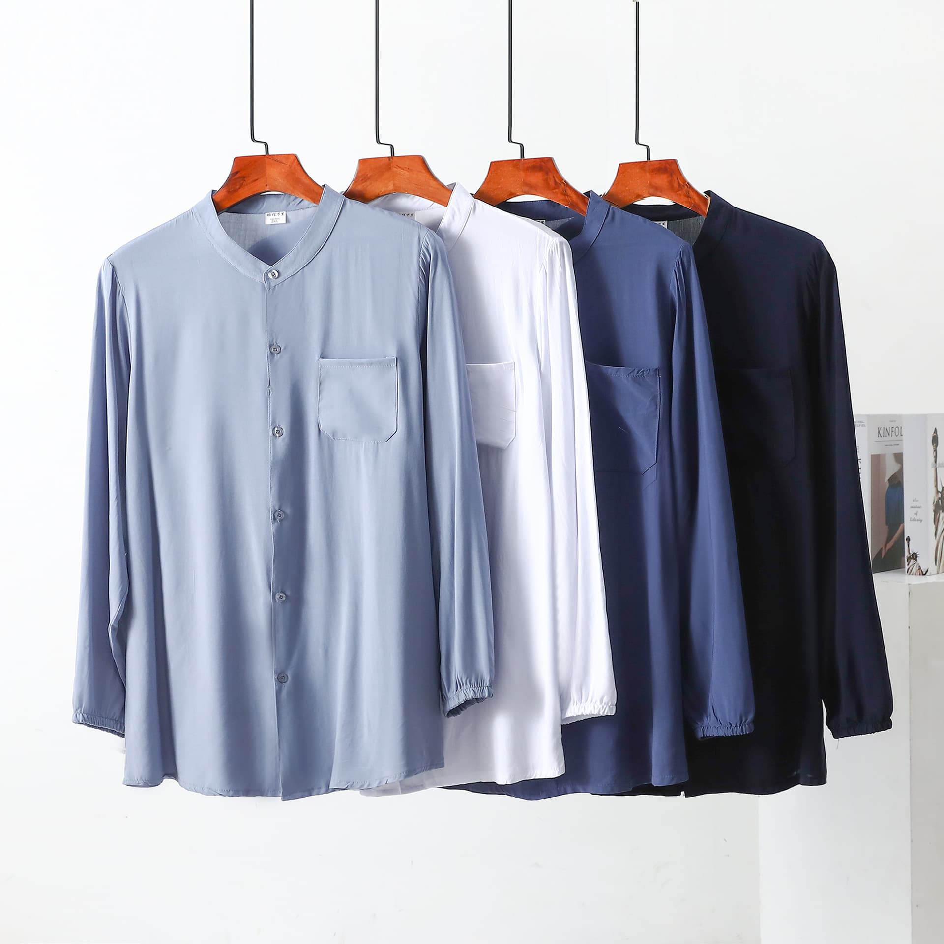 Cotton Silk Long-Sleeve Cardigan for Middle-Aged and Elderly Men, Lightweight Shirt, Rayon Plus Size Top, Round Neck Undershirt