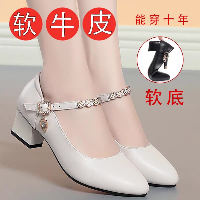 Full Genuine Leather Women's Mid-Heel Shoes New British Style Soft Sole Leather Shoes for Mothers Work Shoes Dance Shoes