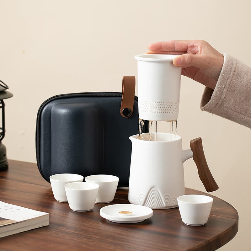 Travel Tea Set One Pot Four Cups, Portable Outdoor Gongfu Tea Set, Quick Cup for Car Use, Simple Ceramic Tea Cups