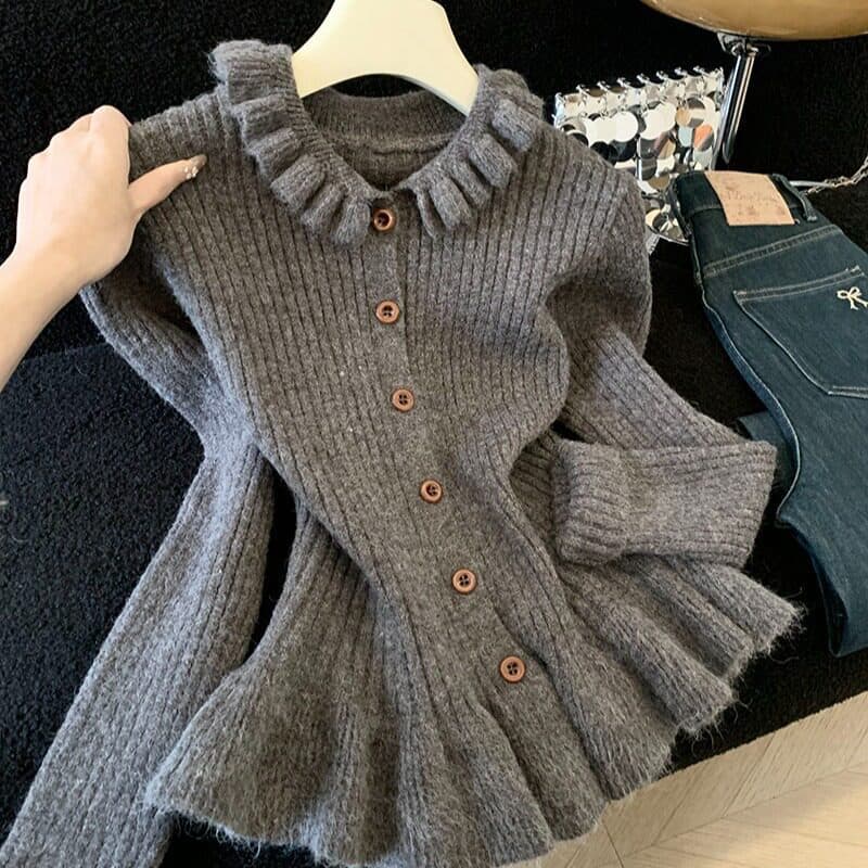 Lace Peter Pan Collar Knit Cardigan Women Winter New Ruffle Hem Pullover Sweater High-End Sweet Top