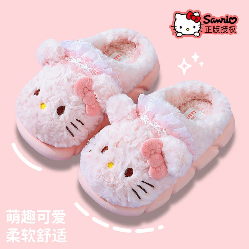 Genuine Sanrio children's cotton slippers for winter, girls' cute indoor home use anti-slip warm plush slippers