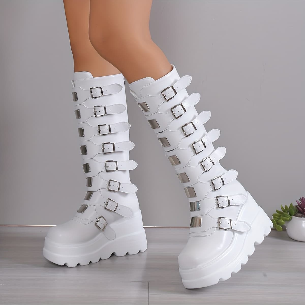2025 Autumn New Belt Buckle Cross-border Wedge Heel Rider Boots Back Zipper Punk Style Plus Size Platform Women's Long Boots