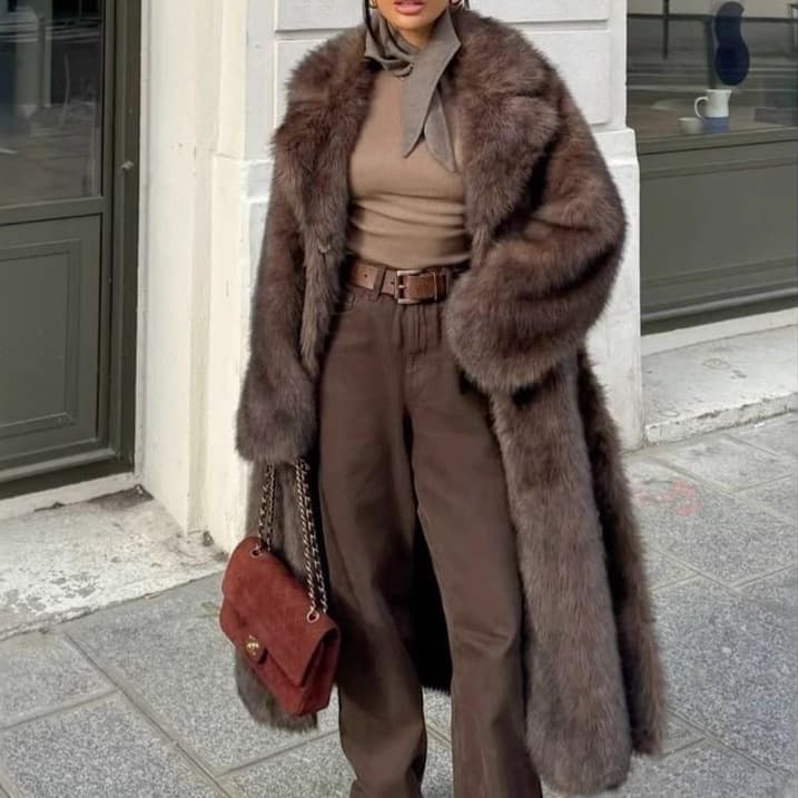 Faux Fur Coat Fox Fur Style Jacket Women Winter Brown Long Retro Notch Lapel