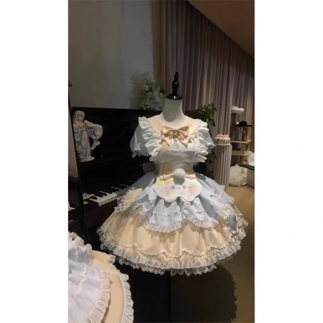 Sweet Tea Girl Lolita Sweet Tea Meow Cute Cat Lolita OP Dress Women Sweet Fresh Daily Mesh