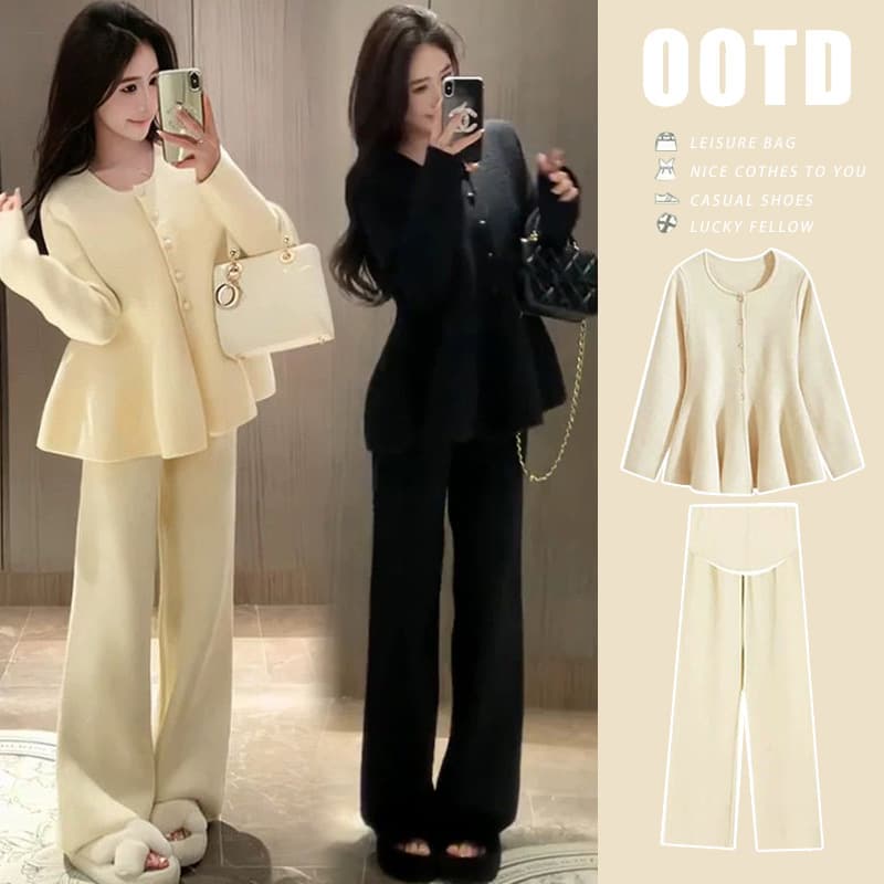 In Stock New Maternity Wear Trendy Premium Knit Sweater + Fleece-Lined Thick Sheep Wool Wide-Leg Pants Two-Piece Set