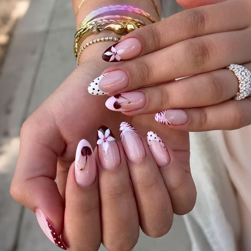 Almond Glossy European and American Cross-border Summer French Red Brown Polka Dot Flowers Sweet Gentle Press-On Nails 24pcs Wholesale