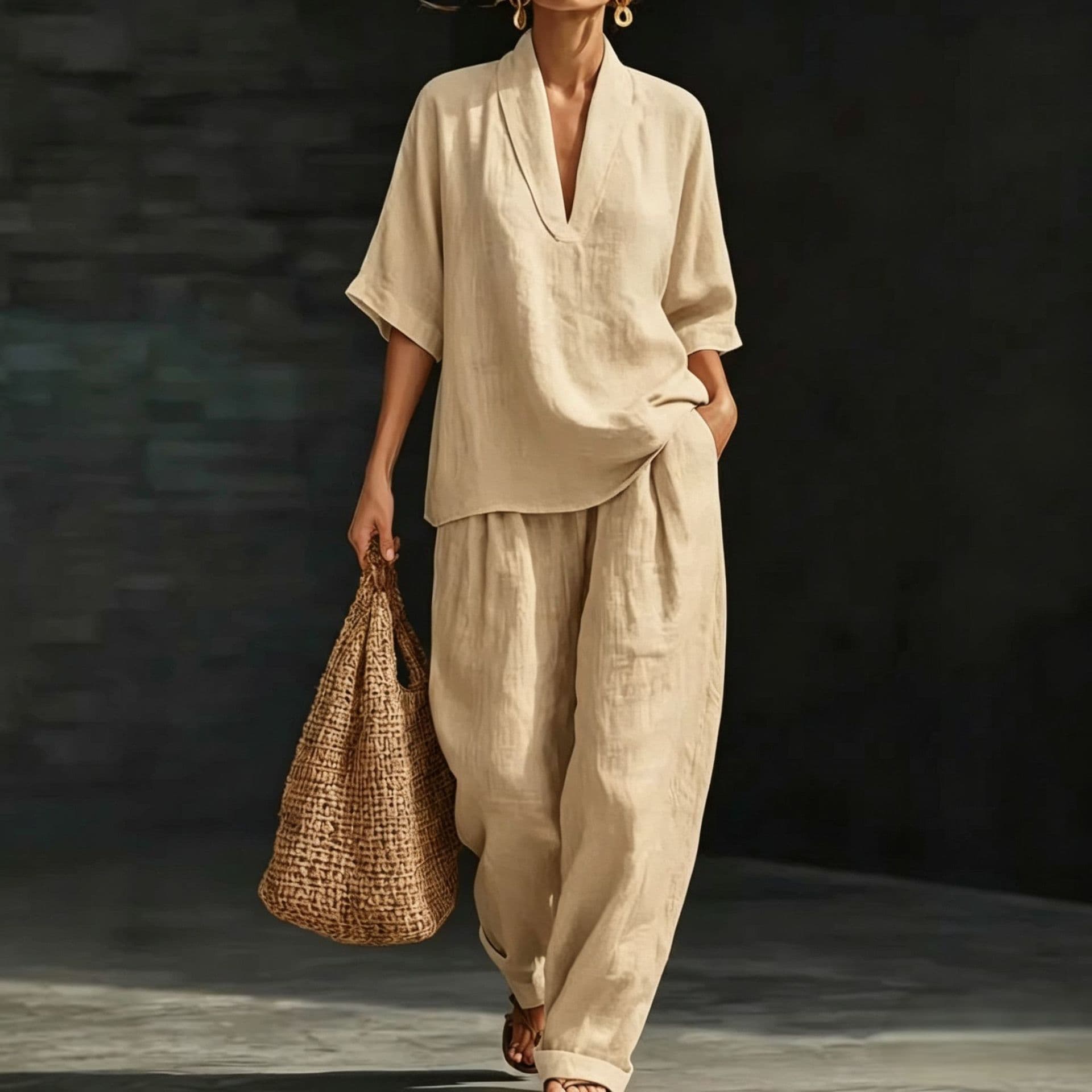 2026 Cross-Border Export Spring Summer Bestseller European American Style Fashion V-Neck Short Sleeve Set Casual Wide-Leg Pants Set for Women