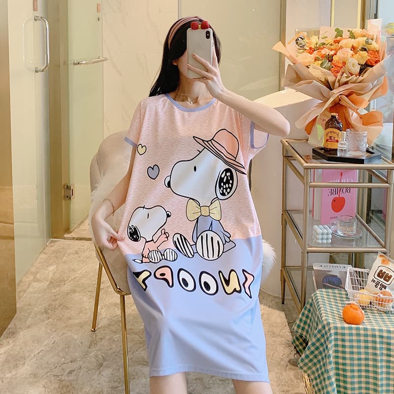 [Meile Liying] 2025 New Nightgown Women's Summer Short Sleeve Cartoon Long Dress Pajamas Women's Homewear