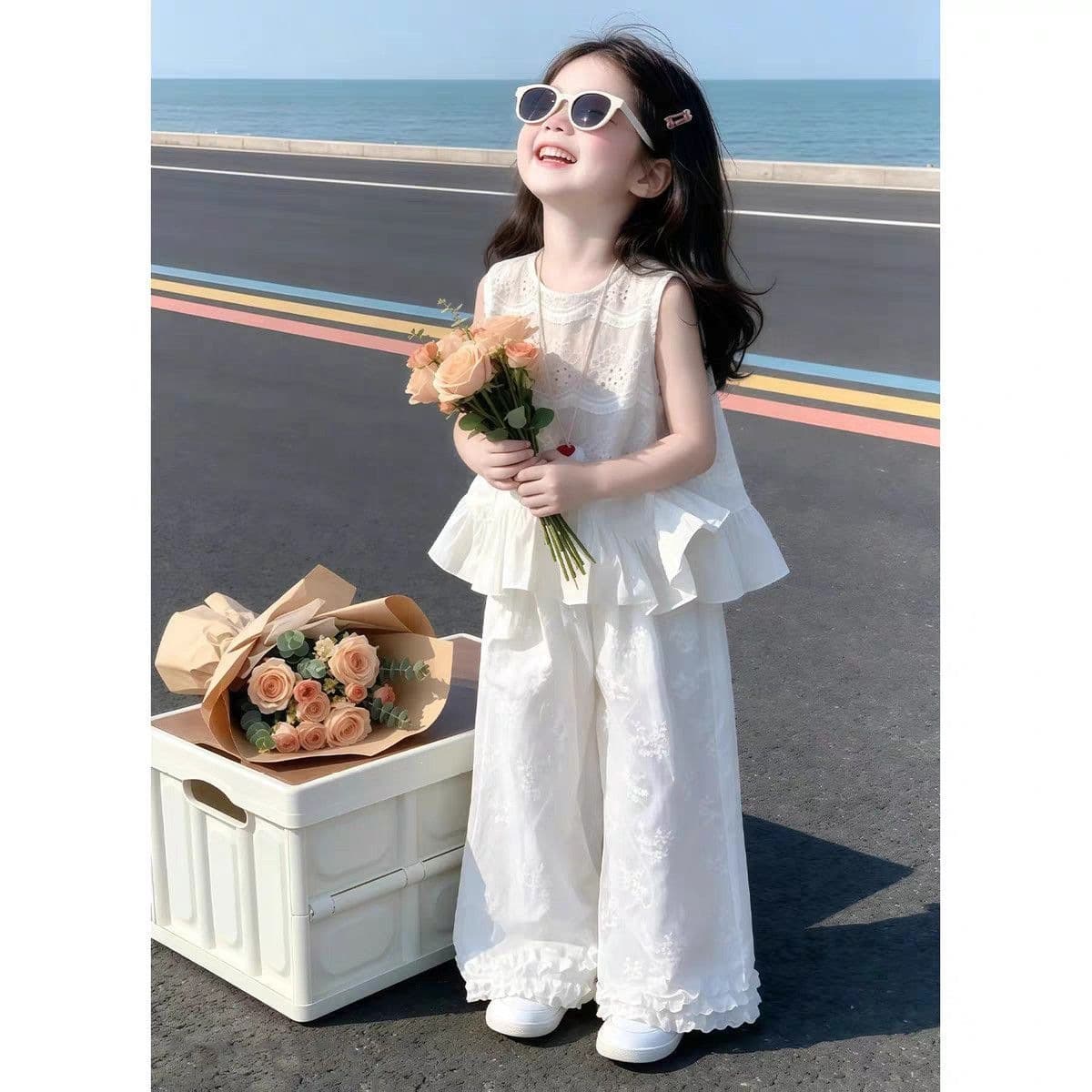 Girls Summer Korean Style Sleeveless Suit Children's Lace Two-piece Set Baby Style Wide Leg Pants Breathable Thin Style