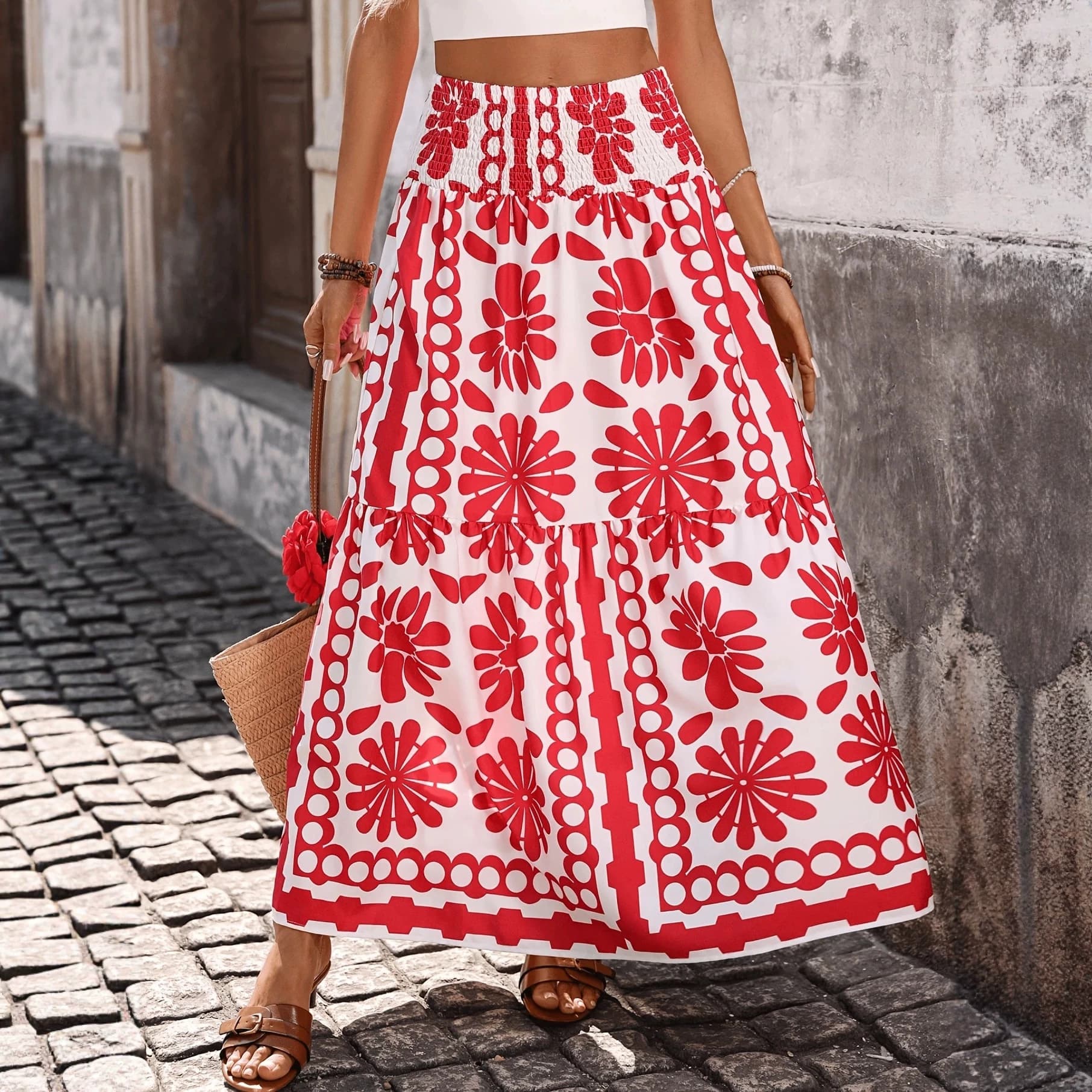 2026 New European and American Floral Print Drawstring Waist Casual Vacation Skirt Bohemian