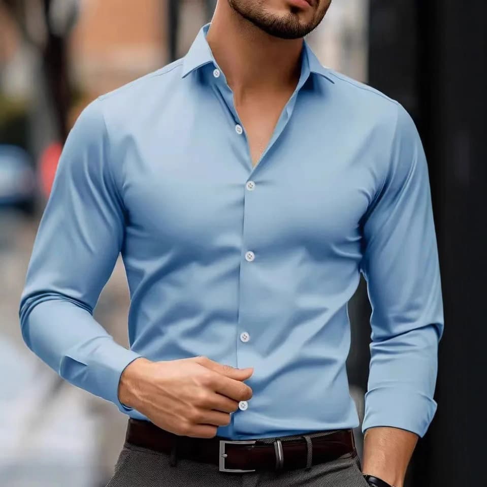 European and American Tough-Guy Style Sports Shirt for Muscular Men, Slim-Fit Long Sleeve, Wrinkle-Free Silky Shiny Finish Casual Workwear Cardigan