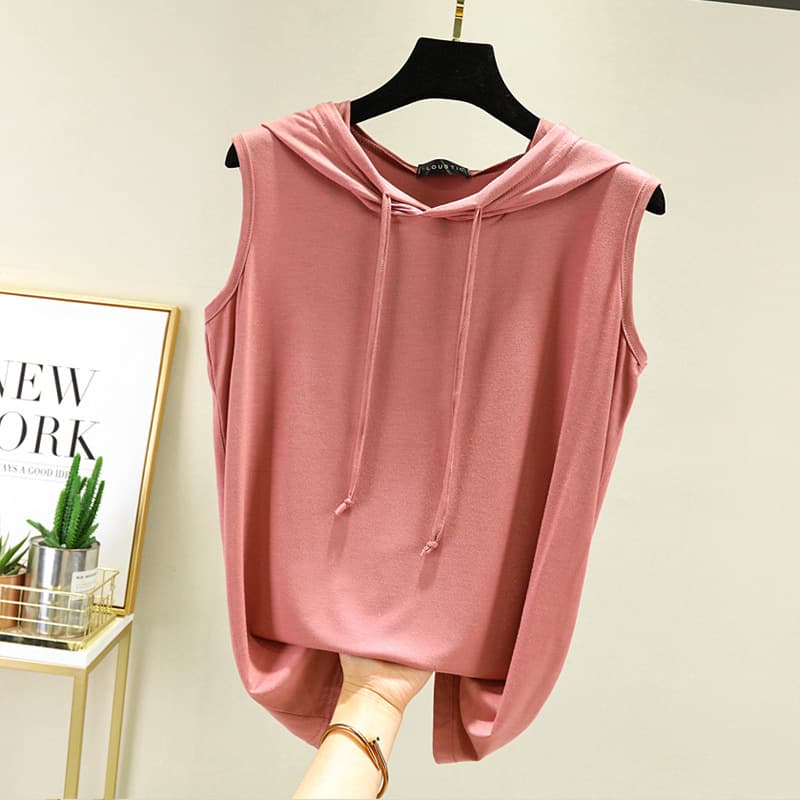 Sleeveless T-Shirt Tank Top for Women Summer Hooded V-Neck Loose Slimming Modal Casual Top Korean Style Wearable Stylish Tee
