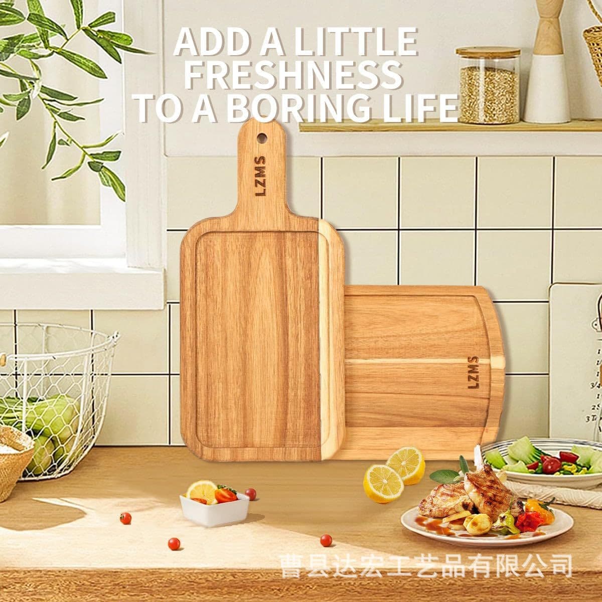 Acacia wood cutting board with handle, rectangular for kitchen use, dormitory fruit slicing, or bread serving.
