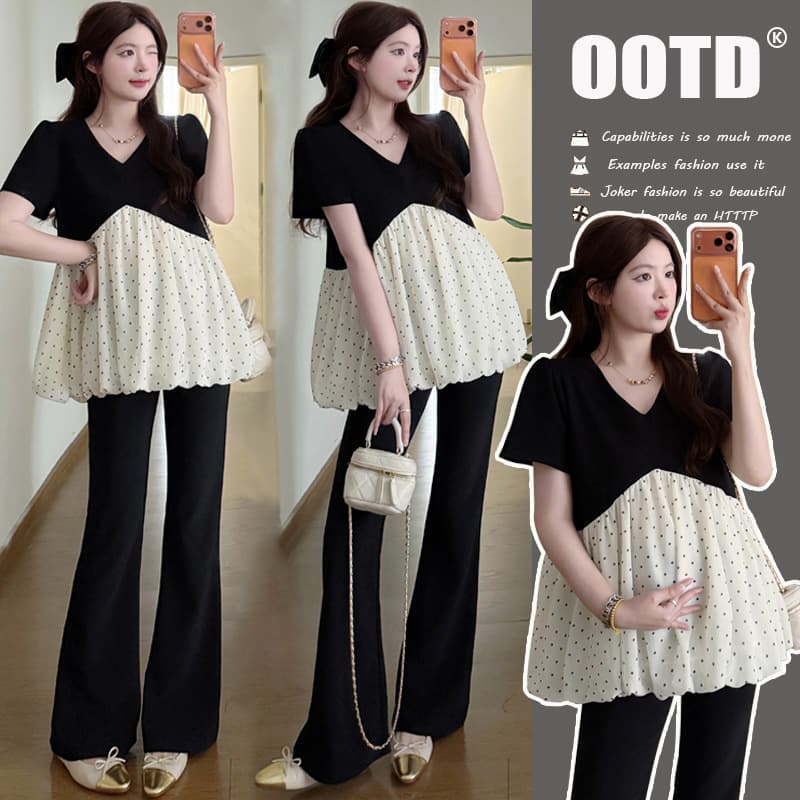Actual Photo Maternity Summer Top with Hepburn Style Design, Polka Dot Ruffle Hem, and Flared Slimming Belly-Support Pants