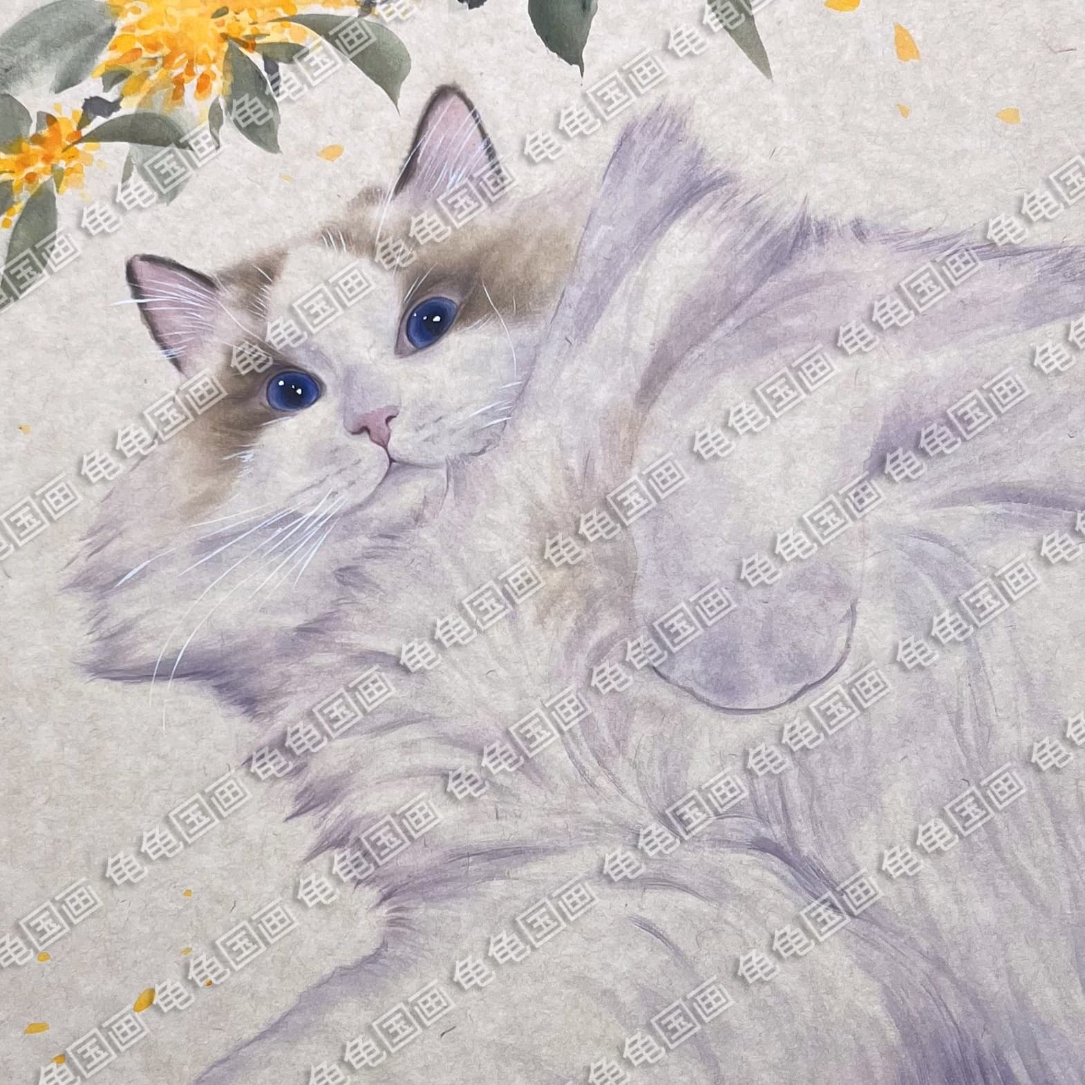 Pure hand-painted portrait of a cat, feline painting in traditional Chinese watercolor style, wall art ink wash hanging mural.