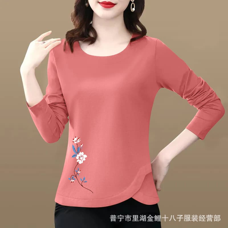 Women's Cotton Long-Sleeve T-Shirt, New Spring/Autumn Base Layer, Simple Age-Reducing Plus Size Top, Asymmetric Design