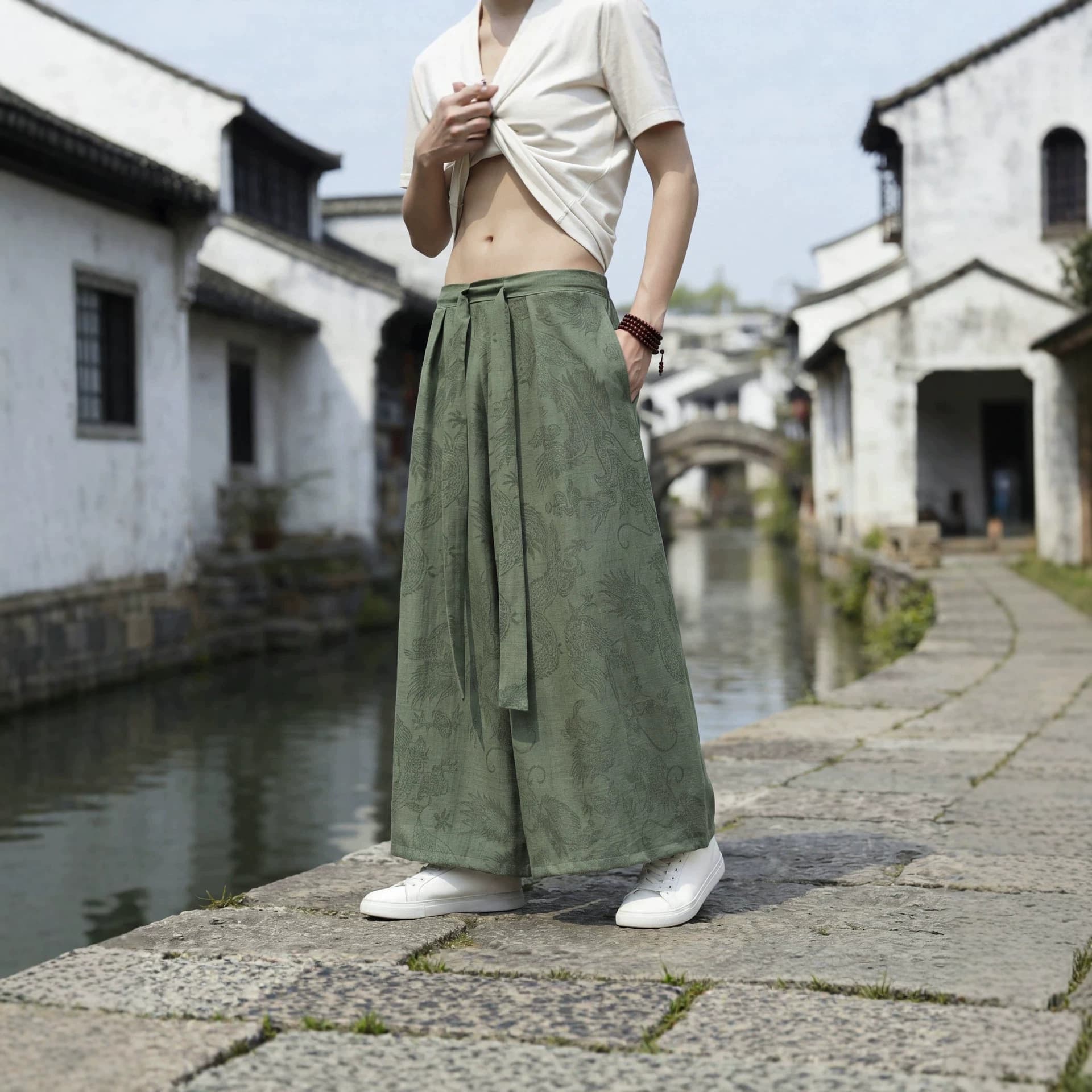 Summer Chinese Ice Silk Wide Leg Pants Men Chinese Style Dragon Pattern Thin Skirt Pants Loose Plus Size Ethnic Ancient Song Dynasty Pants