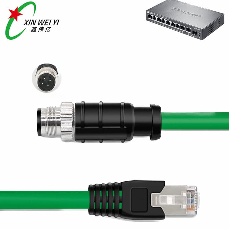 M12 D-code 4-core male to RJ45 connector, double-shielded industrial camera network cable sensor