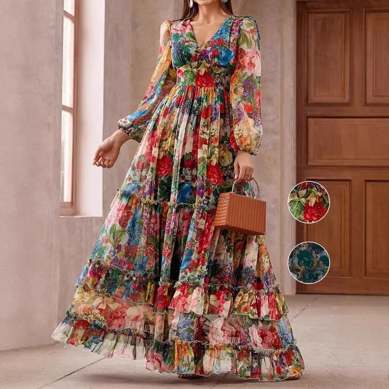 French romantic atmosphere printed puff sleeve dress women's mid-length dress European and American cross-border new dress