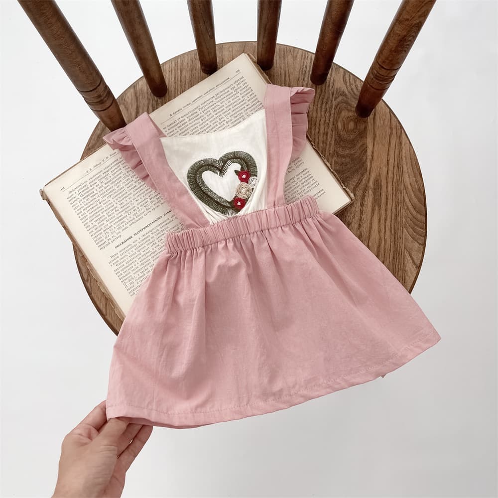 INS Style Spring/Autumn Infant Toddler Embroidered Heart Strap Dress for Baby Girls