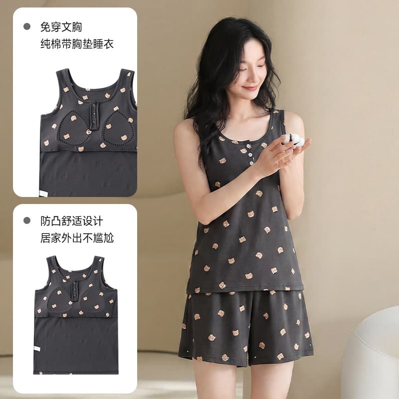 [With chest pad] New summer style pure cotton women's vest shorts pullover pajamas cartoon casual women's home wear round neck