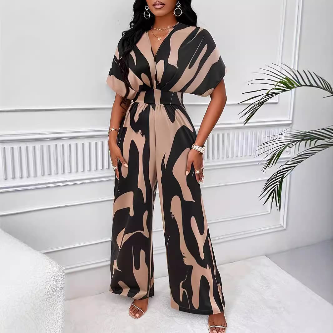 Amazon independent station cross-border European and American clothing all-over printed bat-sleeved wide-leg jumpsuit with elegant temperament