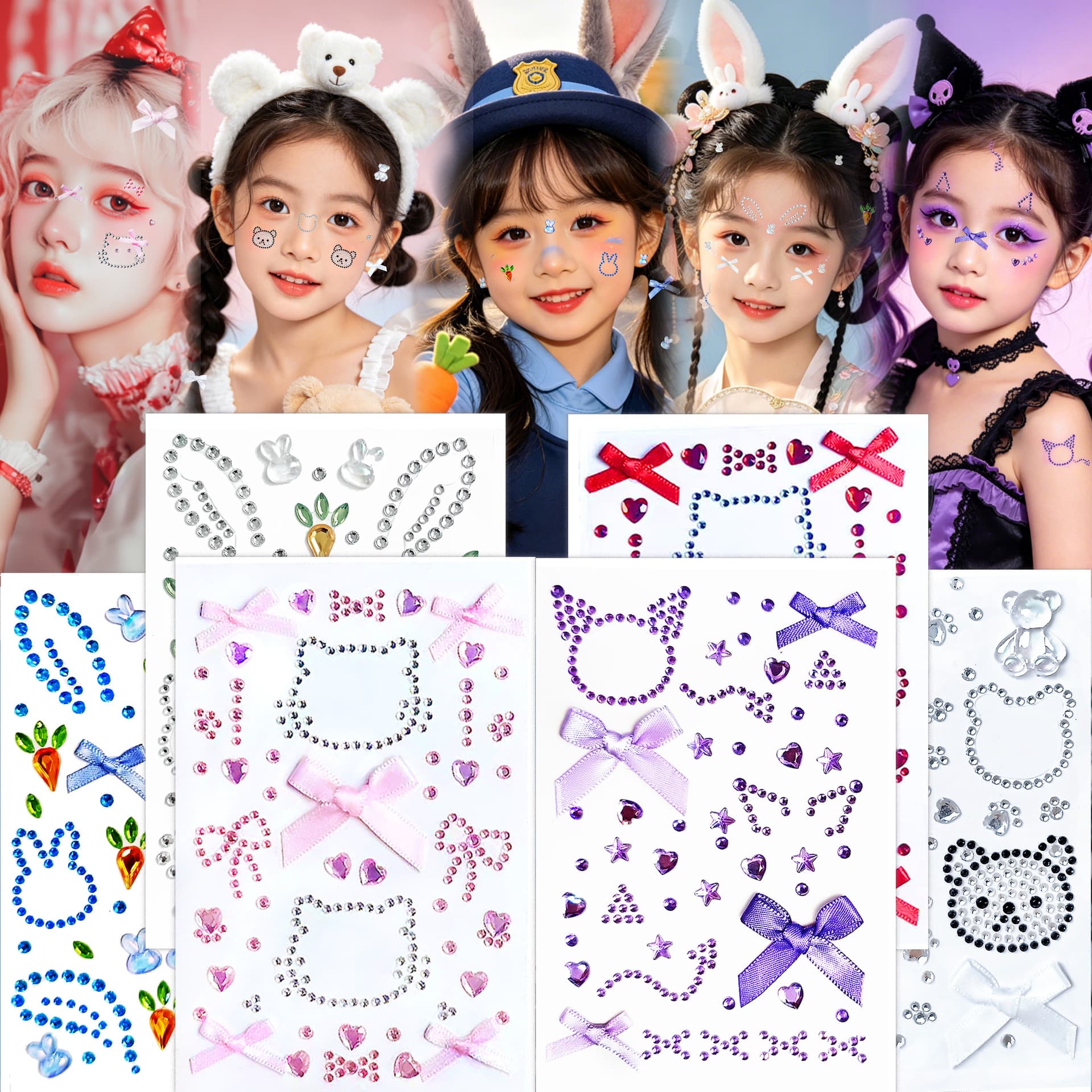 Cute Cosplay Rabbit Police Officer Kitty Cat Sticker Kuromi Little Devil Bear Face Decoration Kids Cartoon