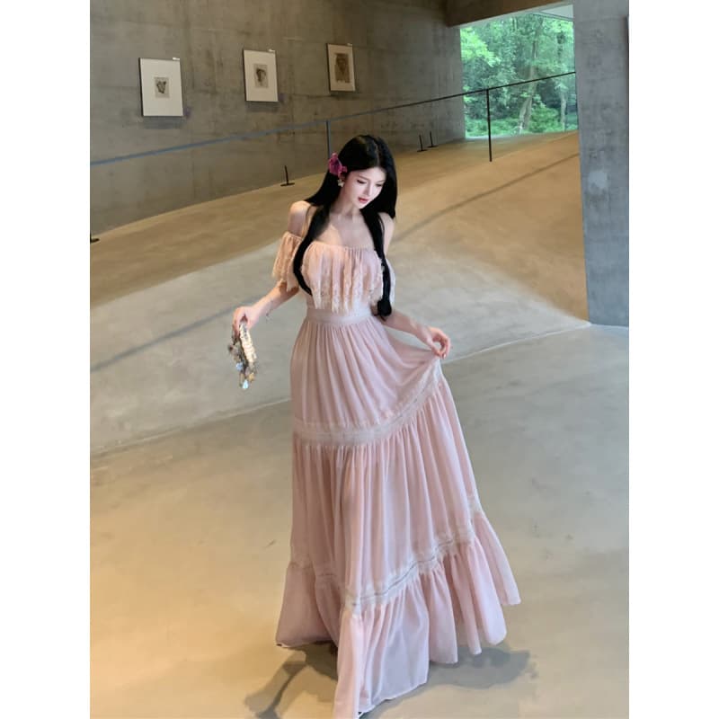 Xinkeda "Peach Mist" Imitation Silk Hollow Lace Ruffle Off-Shoulder Dress for Women, Waist-Cinching Long Dress