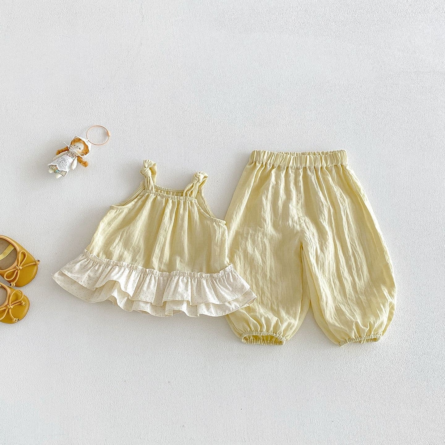 Infants and young children simple ruffled vest summer new baby girl casual versatile cool anti-mosquito pants two-piece set summer