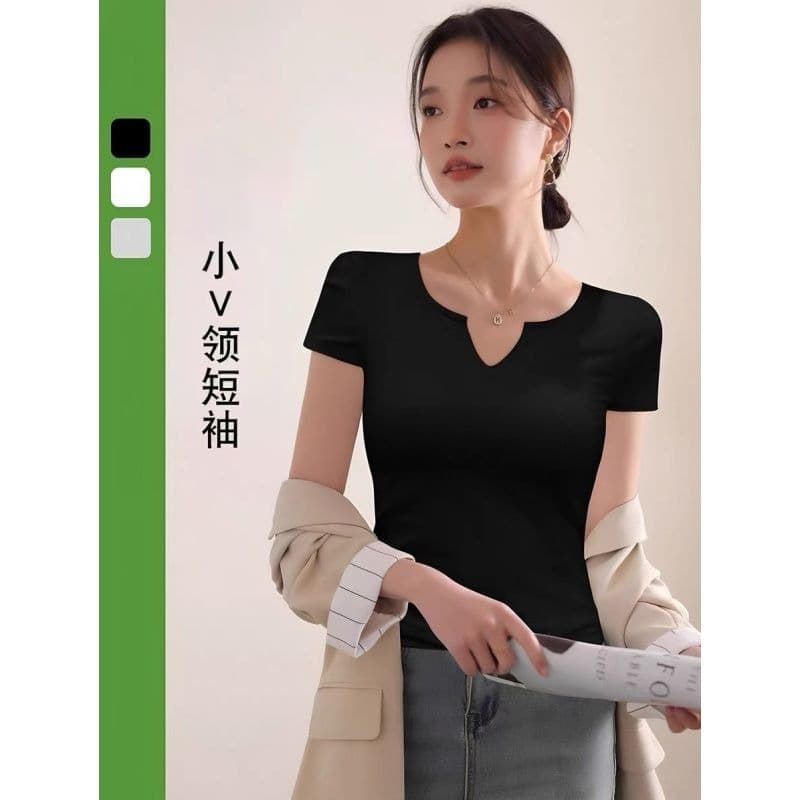 40s 92% Cotton Small V-Neck Short Sleeve T-Shirt for Women Summer Plus Size Low Neck Slim Fit Undershirt Solid Color Slimming Top