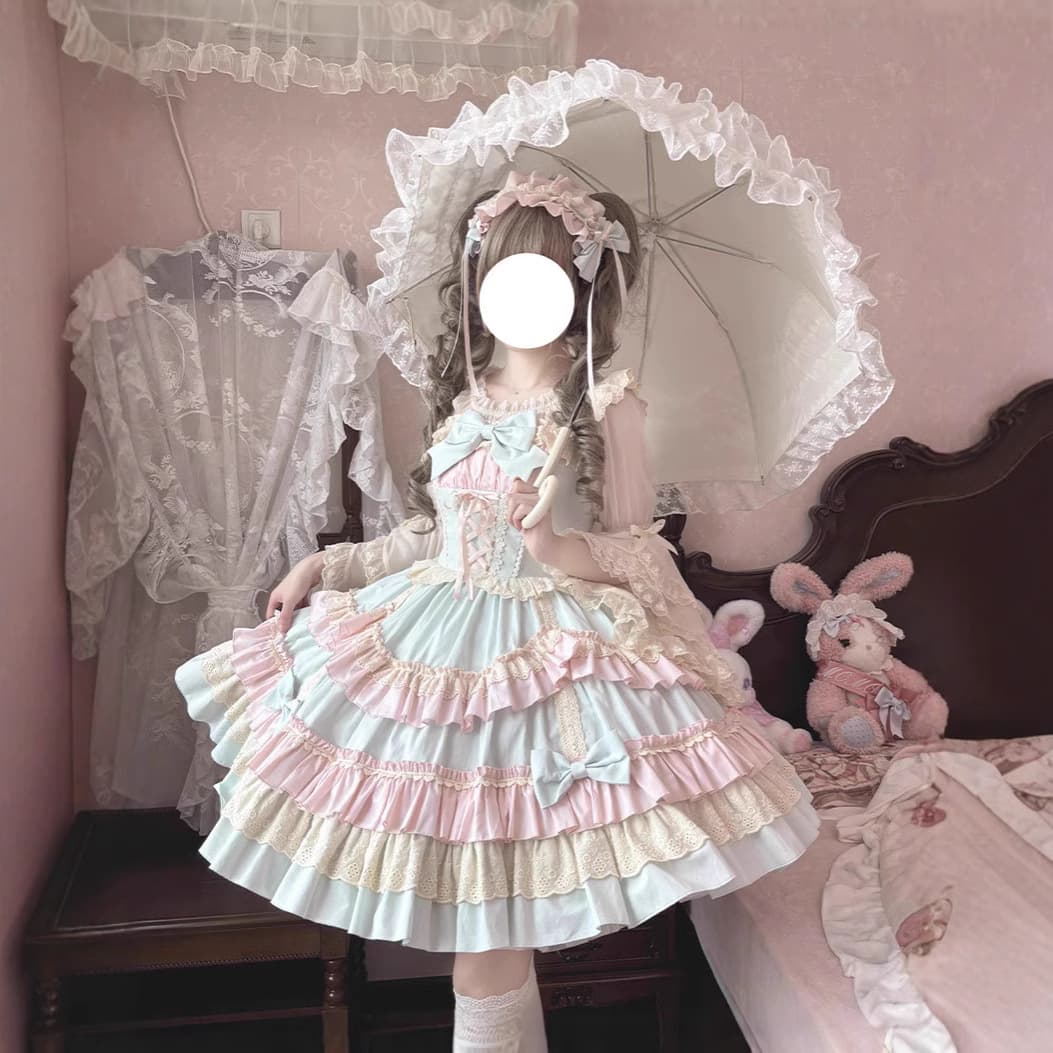 【Sweet Mousse】Brocade Garden lolita Original Cute Sweet Contrast Color Fresh JSK Dress