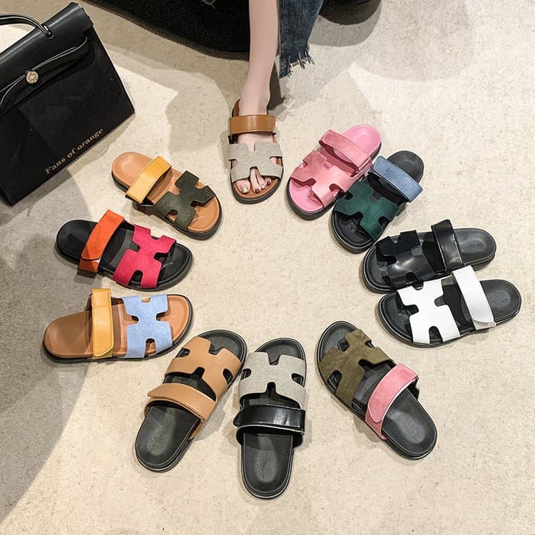 2024 summer new H-type Grape Mom Velcro European and American slippers for women to wear thick-soled one-line color-blocking sandals
