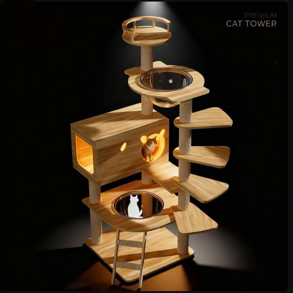 Thickened Large Cat Tree with Cat Bed, Integrated Space Capsule Cat Shelf, Small Space-Saving Sisal Cat Toy