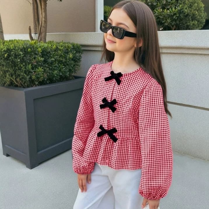 Girls' French Style Plaid Top with Bow Decoration and Puff Sleeves