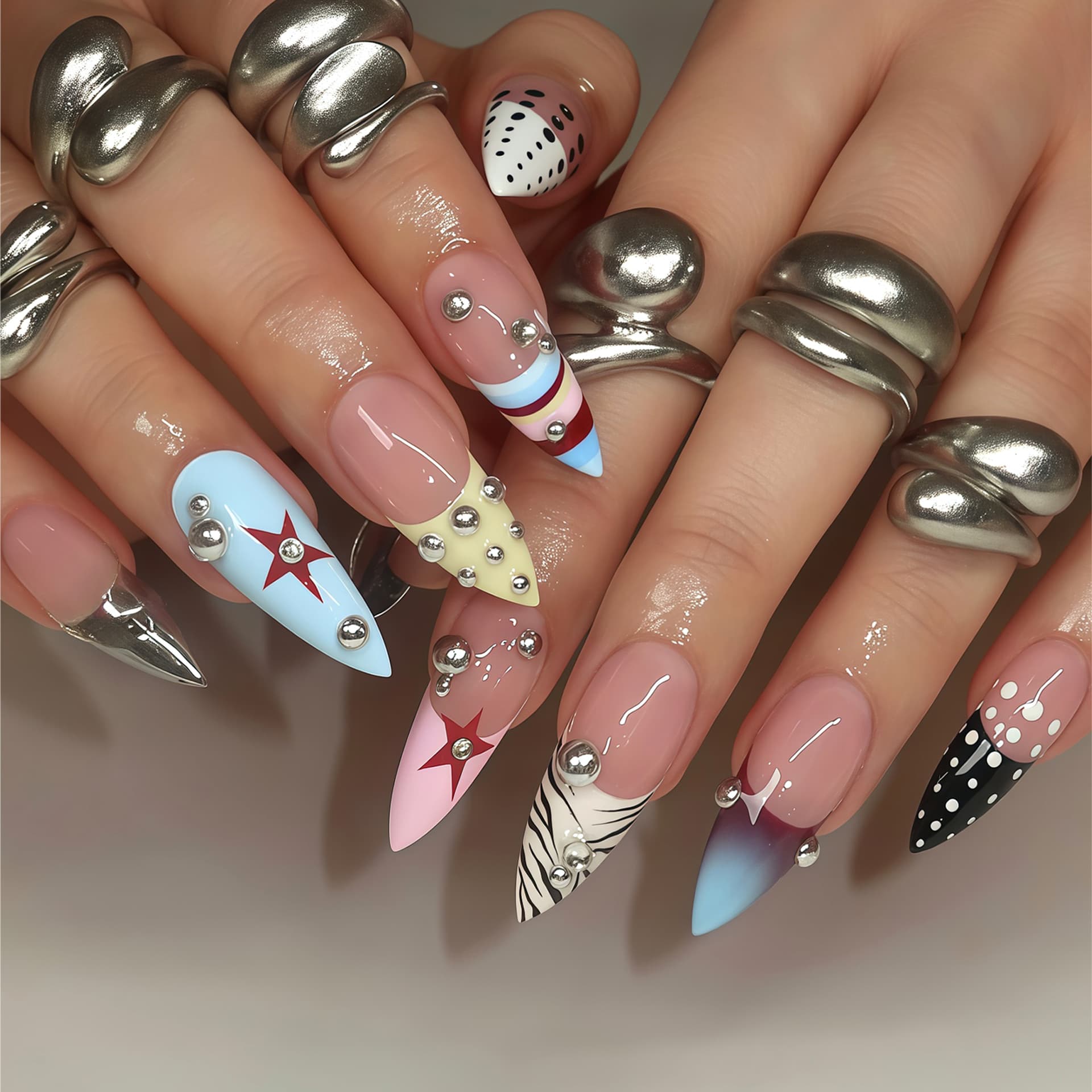 Cross-border Foreign Trade Style Black White Polka Dot French Red Star Black Red Gradient Adhesive Nail Tips Press-on Nails