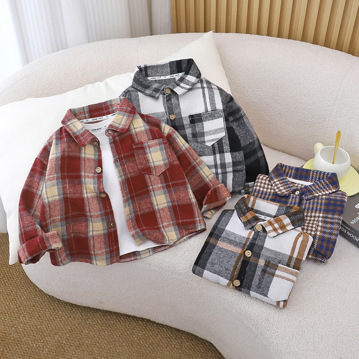 Autumn Children's Casual Plaid Shirt, Boys' Shirt, Girls' Top, Long Sleeve Outer Garment for Toddlers and Older Kids