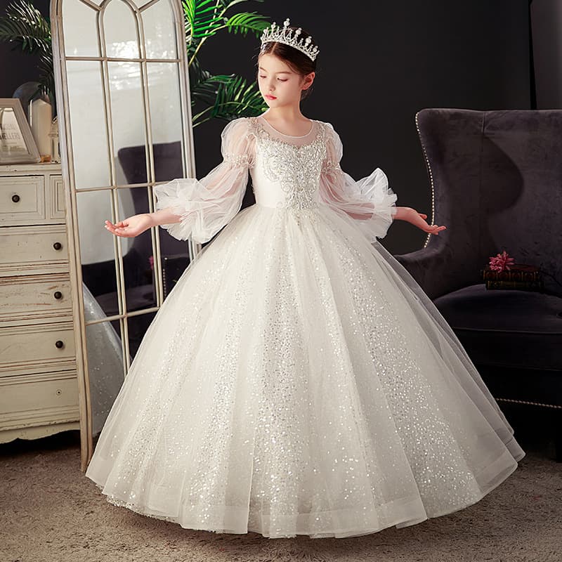 Girls catwalk dress white sequin children birthday flower girl dress princess dress host piano performance dress